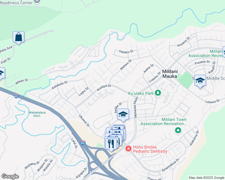 map of restaurants, bars, coffee shops, grocery stores, and more near 95-1121 Koolani Drive in Mililani
