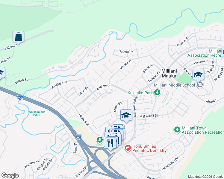 map of restaurants, bars, coffee shops, grocery stores, and more near 95-1121 Koolani Drive in Mililani