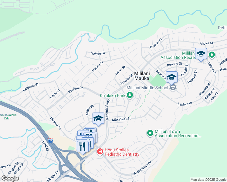 map of restaurants, bars, coffee shops, grocery stores, and more near 95-222 Auina Place in Mililani