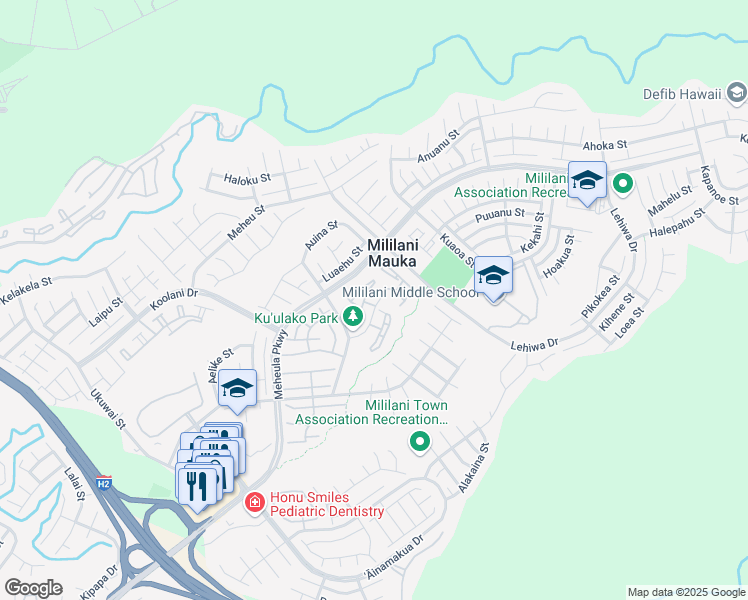 map of restaurants, bars, coffee shops, grocery stores, and more near 9535 Kuauli Street in Mililani