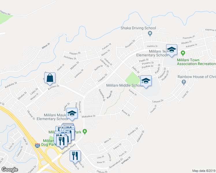 map of restaurants, bars, coffee shops, grocery stores, and more near 9535 Kuauli Street in Mililani
