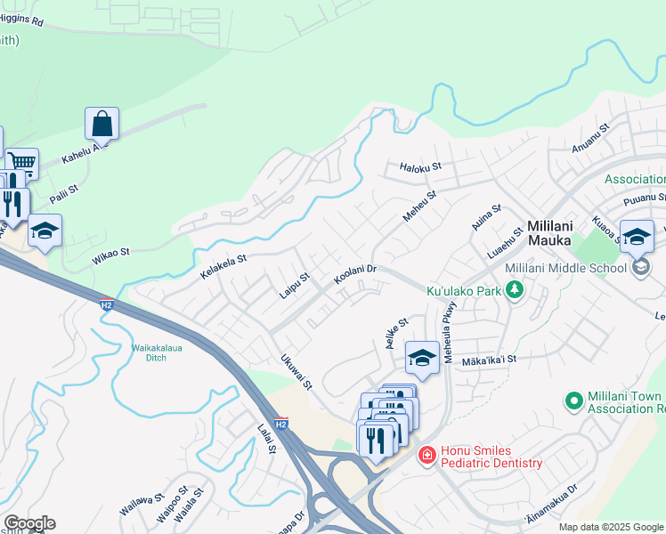 map of restaurants, bars, coffee shops, grocery stores, and more near 95-1143 Koolani Drive in Mililani