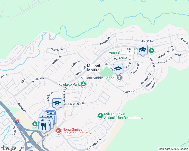 map of restaurants, bars, coffee shops, grocery stores, and more near 95-1080 Lehiwa Drive in Mililani