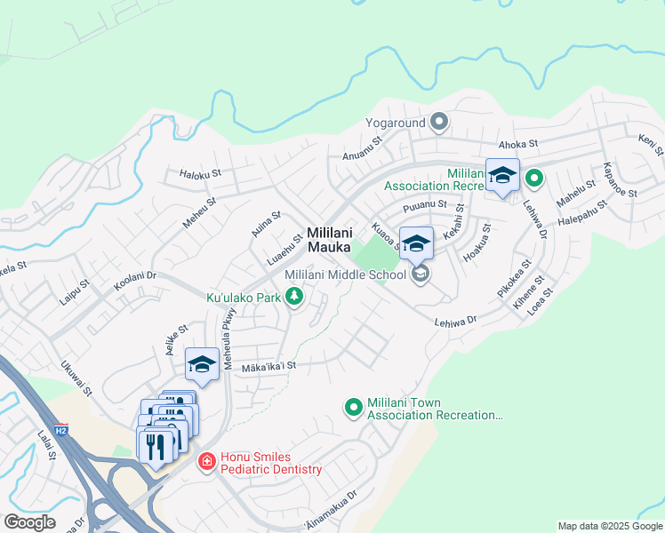 map of restaurants, bars, coffee shops, grocery stores, and more near 95-1057 Kuauli Street in Mililani