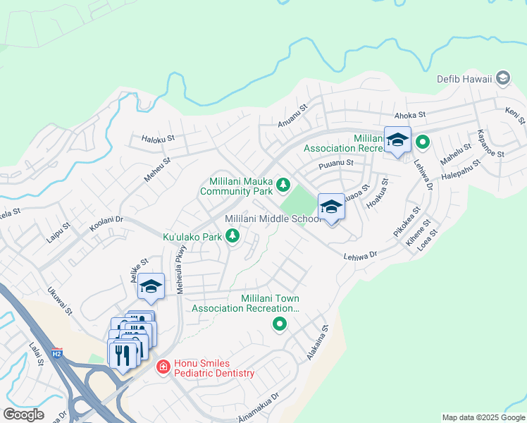 map of restaurants, bars, coffee shops, grocery stores, and more near 95-1057 Kuauli Street in Mililani