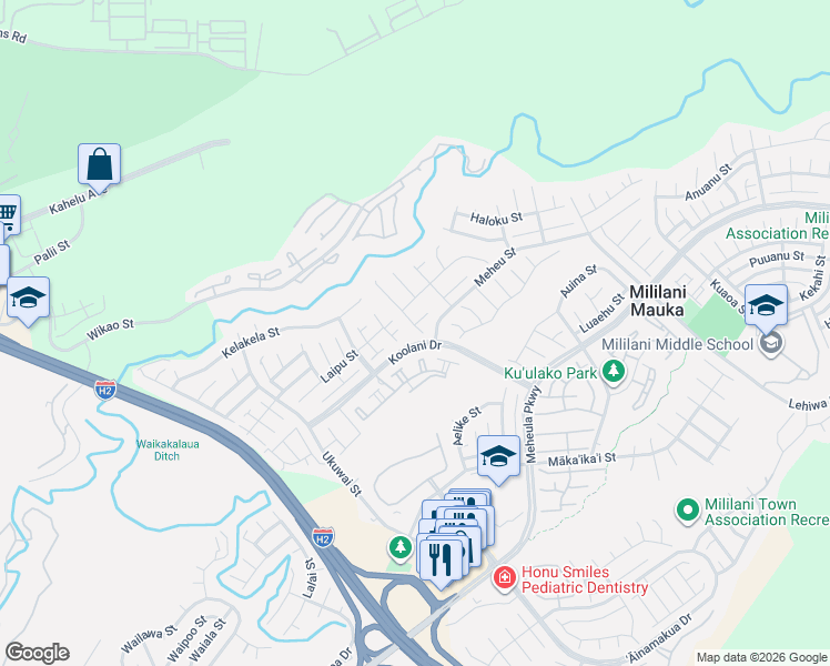 map of restaurants, bars, coffee shops, grocery stores, and more near 95-1043 Hookowa Street in Mililani