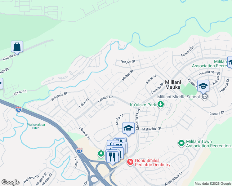 map of restaurants, bars, coffee shops, grocery stores, and more near 95-317 Hookowa Place in Mililani