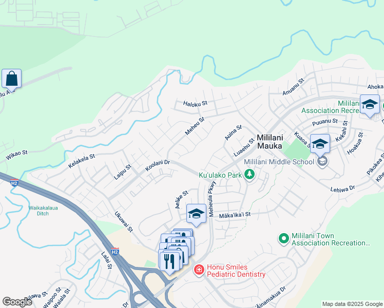 map of restaurants, bars, coffee shops, grocery stores, and more near 95-1031 Kopalani Street in Mililani