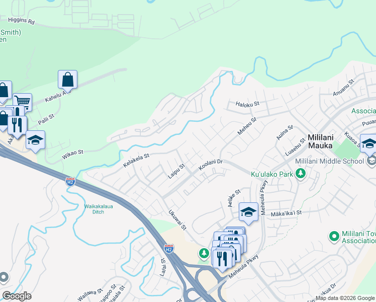 map of restaurants, bars, coffee shops, grocery stores, and more near 95-1010 Moha Street in Mililani