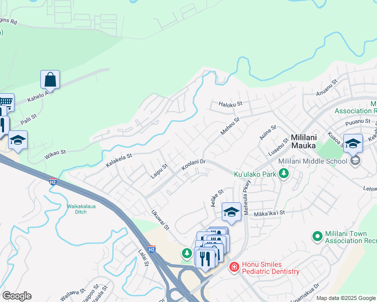map of restaurants, bars, coffee shops, grocery stores, and more near 95-1043 Hookowa Street in Mililani