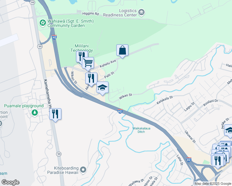 map of restaurants, bars, coffee shops, grocery stores, and more near 95-510 Wikao Street in Mililani