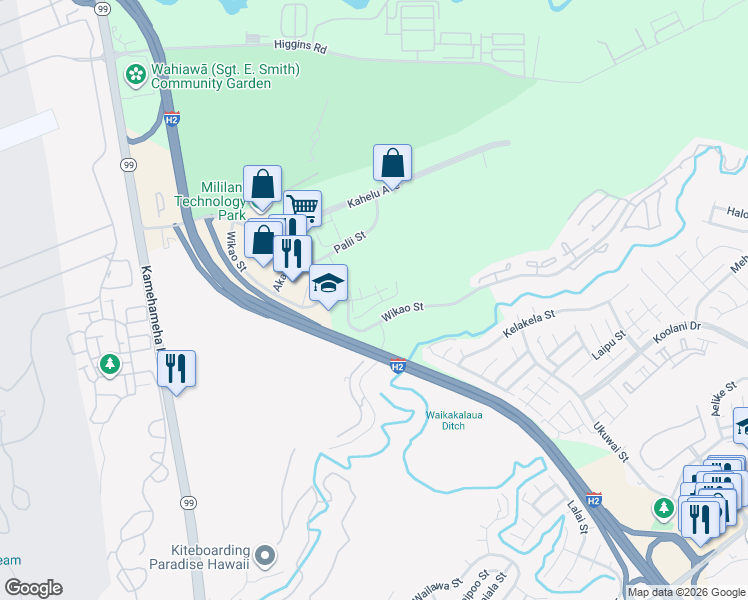 map of restaurants, bars, coffee shops, grocery stores, and more near 95-510 Wikao Street in Mililani