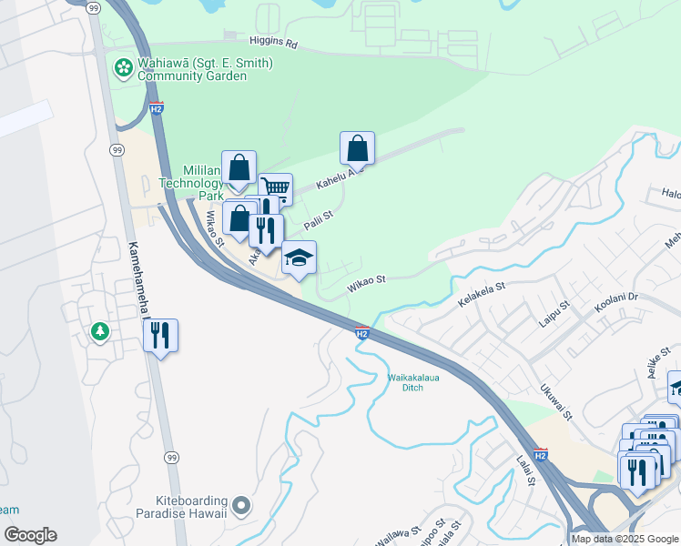 map of restaurants, bars, coffee shops, grocery stores, and more near 95-510 Wikao Street in Mililani