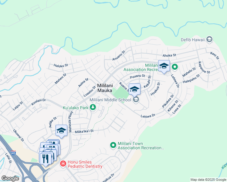 map of restaurants, bars, coffee shops, grocery stores, and more near 95-1080 Lehiwa Drive in Mililani