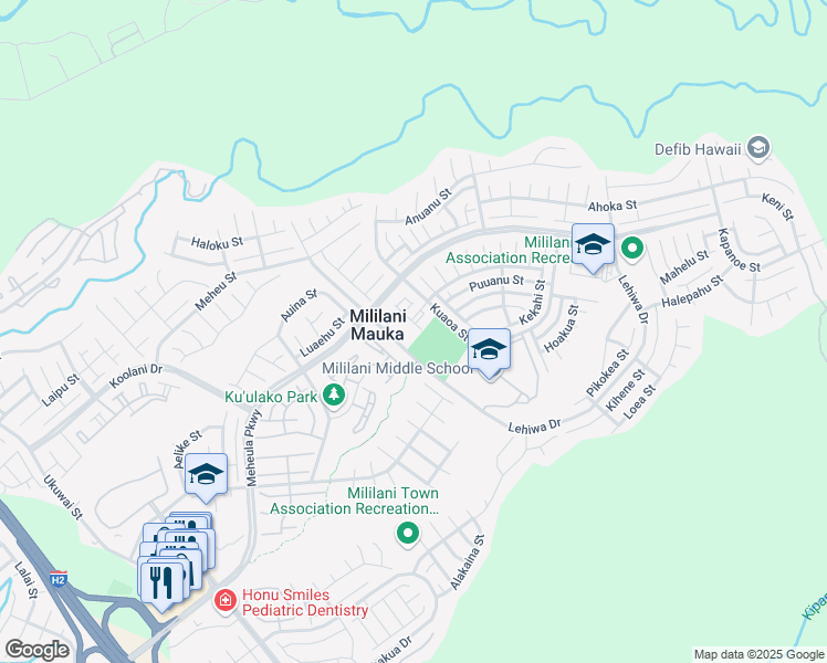 map of restaurants, bars, coffee shops, grocery stores, and more near 95-1080 Lehiwa Drive in Mililani