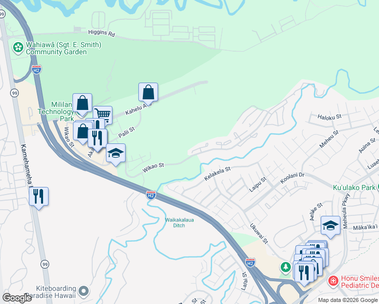 map of restaurants, bars, coffee shops, grocery stores, and more near 95-536 Wikao Street in Mililani