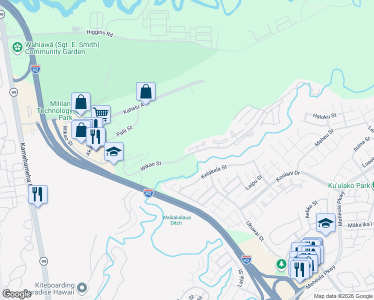 map of restaurants, bars, coffee shops, grocery stores, and more near 95-536 Wikao Street in Mililani