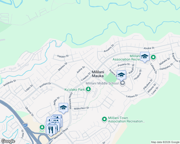 map of restaurants, bars, coffee shops, grocery stores, and more near 95-1049 Ulahea Street in Mililani