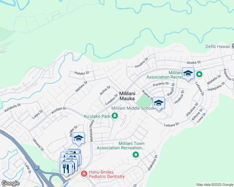 map of restaurants, bars, coffee shops, grocery stores, and more near 95-1137 Auina Street in Mililani