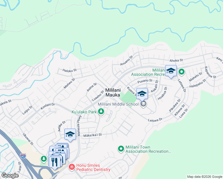 map of restaurants, bars, coffee shops, grocery stores, and more near 95-1049 Ulahea Street in Mililani
