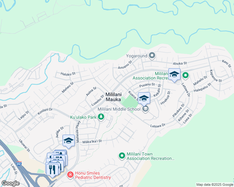 map of restaurants, bars, coffee shops, grocery stores, and more near 95-1060 Lehiwa Drive in Mililani