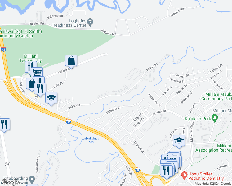 map of restaurants, bars, coffee shops, grocery stores, and more near 95-652 Wikao Street in Mililani