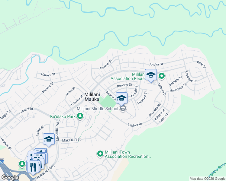 map of restaurants, bars, coffee shops, grocery stores, and more near 95-2018 Puukaa Street in Mililani