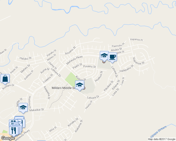 map of restaurants, bars, coffee shops, grocery stores, and more near 95-1042 Puukoa Street in Mililani