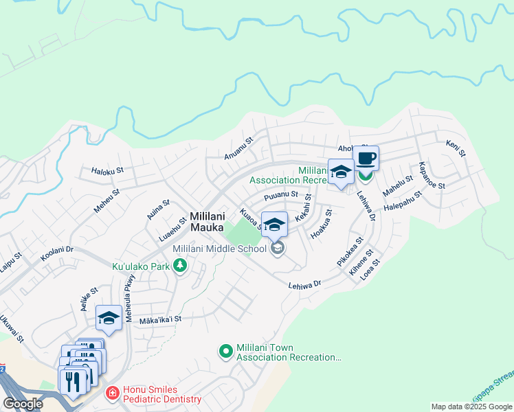 map of restaurants, bars, coffee shops, grocery stores, and more near 95-2018 Puukaa Street in Mililani