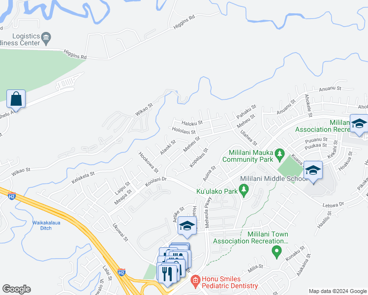 map of restaurants, bars, coffee shops, grocery stores, and more near 95-329 Haakualiki Place in Mililani