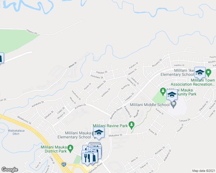 map of restaurants, bars, coffee shops, grocery stores, and more near 95-212 Hooni Place in Mililani