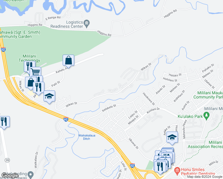 map of restaurants, bars, coffee shops, grocery stores, and more near 95-652 Wikao Street in Mililani
