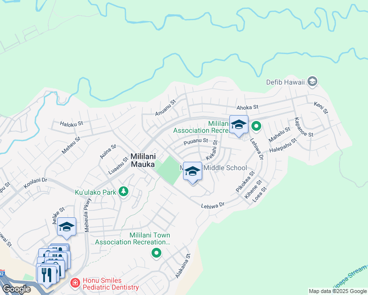 map of restaurants, bars, coffee shops, grocery stores, and more near 95-2018 Puukaa Street in Mililani