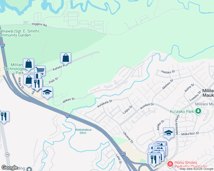 map of restaurants, bars, coffee shops, grocery stores, and more near 95-652 Wikao Street in Mililani