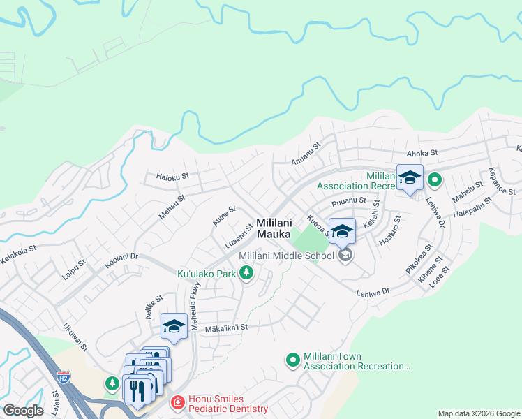 map of restaurants, bars, coffee shops, grocery stores, and more near 95-1049 Ulahea Street in Mililani