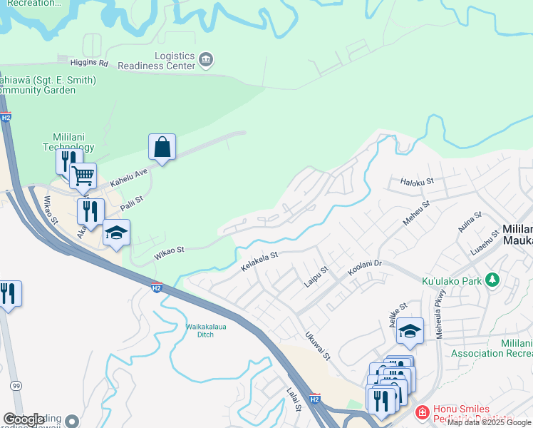 map of restaurants, bars, coffee shops, grocery stores, and more near 95-652 Wikao Street in Mililani