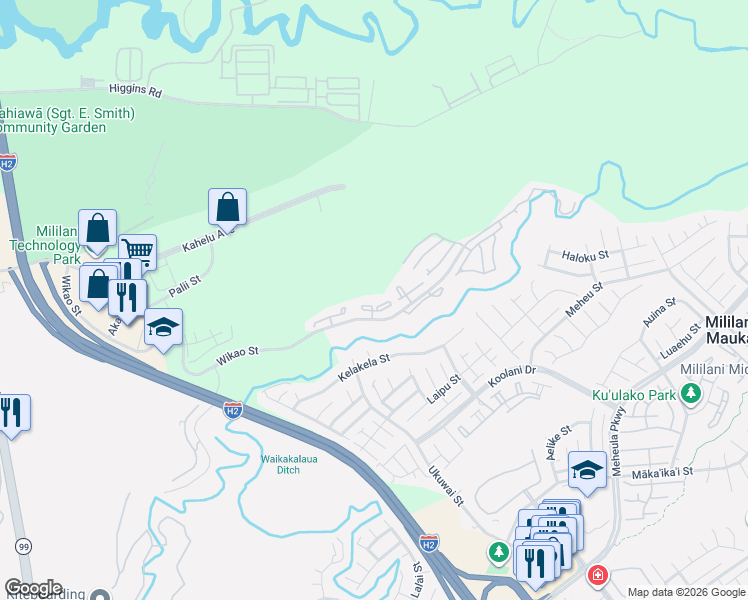 map of restaurants, bars, coffee shops, grocery stores, and more near 95-652 Wikao Street in Mililani