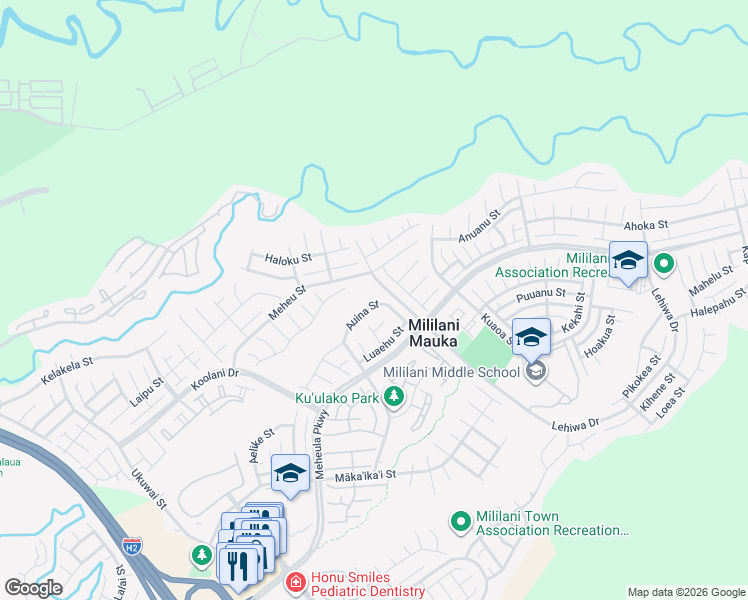 map of restaurants, bars, coffee shops, grocery stores, and more near 95-1107 Auina Street in Mililani