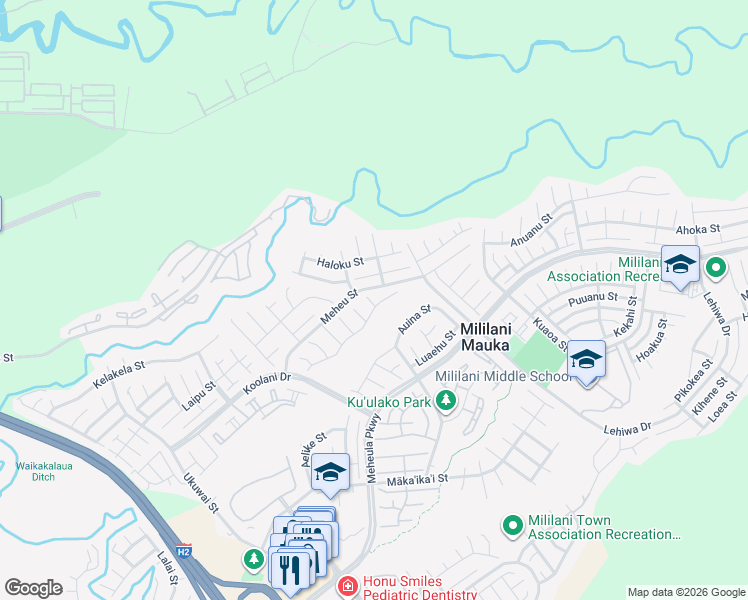 map of restaurants, bars, coffee shops, grocery stores, and more near 95-212 Hooni Place in Mililani