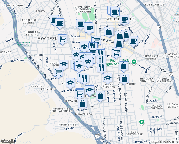 map of restaurants, bars, coffee shops, grocery stores, and more near in Tepic