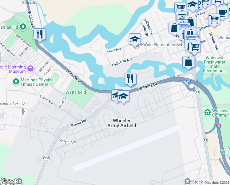 map of restaurants, bars, coffee shops, grocery stores, and more near 651 Wilikina Drive in Wahiawa