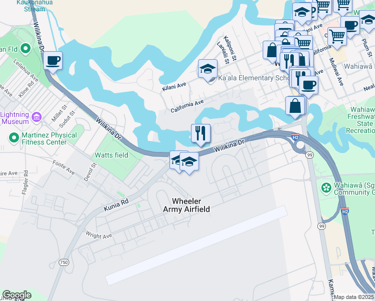 map of restaurants, bars, coffee shops, grocery stores, and more near 720 Wilikina Drive in Wahiawa