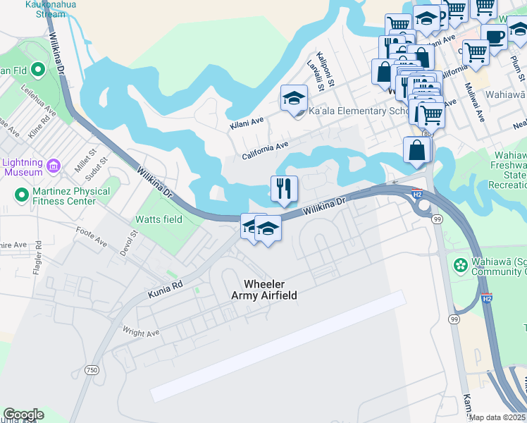 map of restaurants, bars, coffee shops, grocery stores, and more near 720 Wilikina Drive in Wahiawa