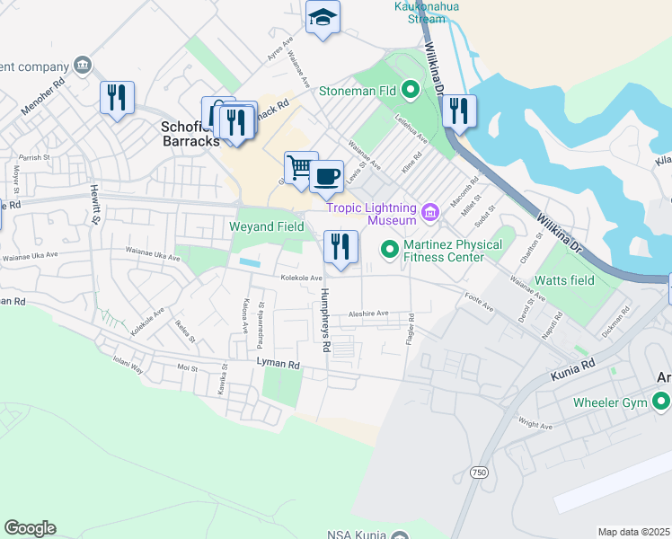 map of restaurants, bars, coffee shops, grocery stores, and more near 1565 Kolekole Avenue in Schofield Barracks