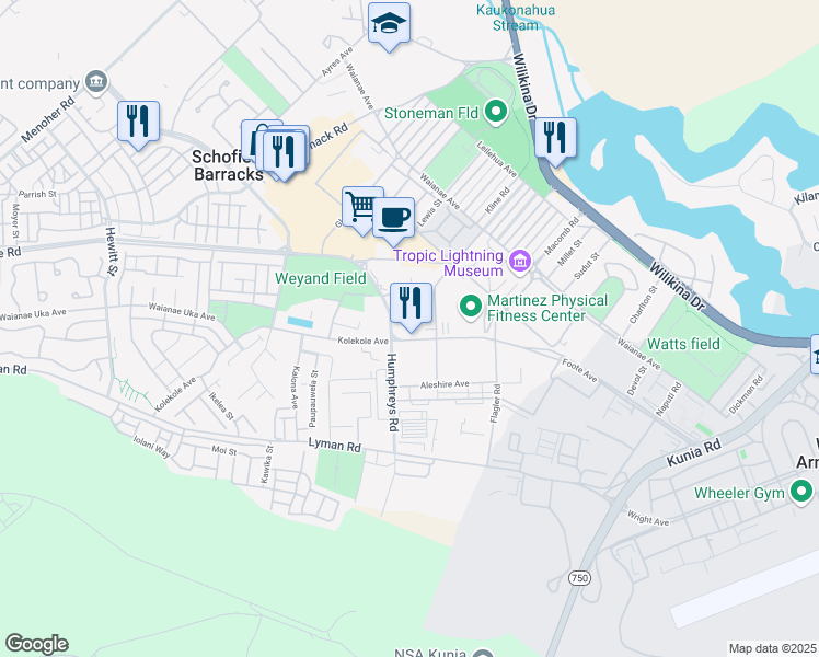 map of restaurants, bars, coffee shops, grocery stores, and more near 1565 Kolekole Avenue in Schofield Barracks