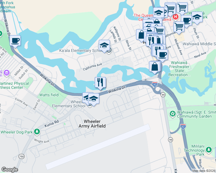 map of restaurants, bars, coffee shops, grocery stores, and more near 27 Lakeview Circle in Wahiawa