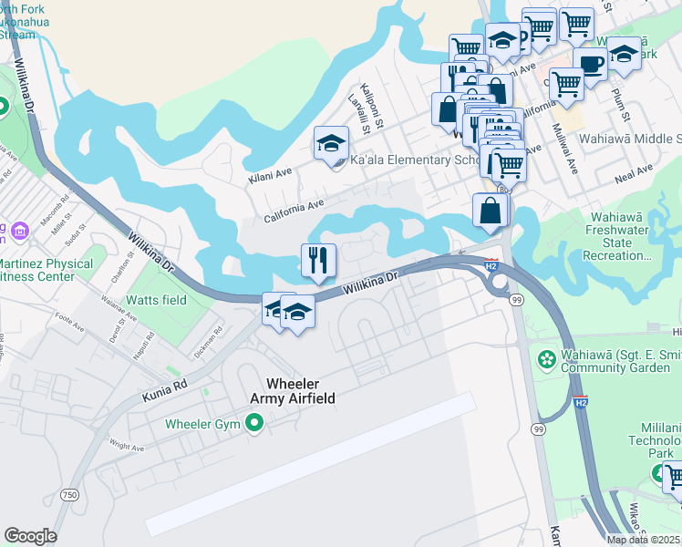 map of restaurants, bars, coffee shops, grocery stores, and more near 166 Lakeview Circle in Wahiawa