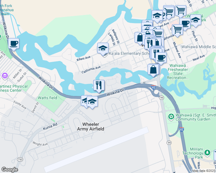 map of restaurants, bars, coffee shops, grocery stores, and more near 3 Lakeview Circle in Wahiawa