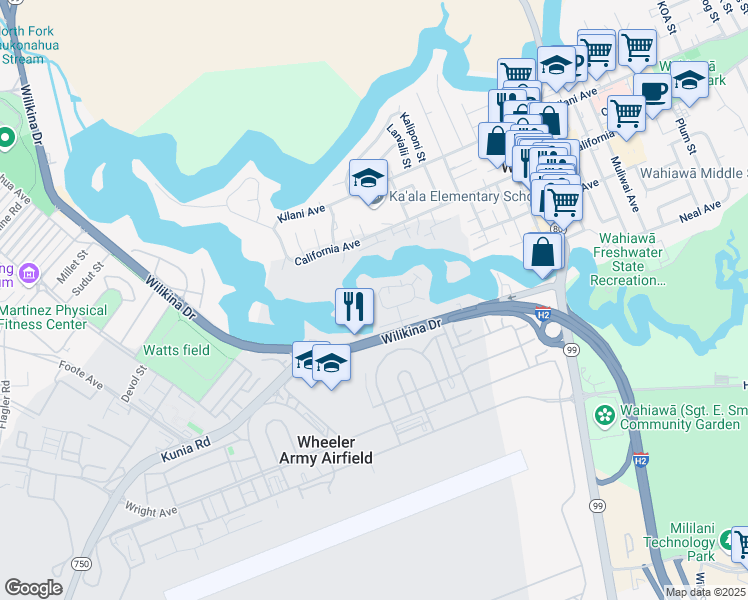 map of restaurants, bars, coffee shops, grocery stores, and more near 166 Lakeview Circle in Wahiawa