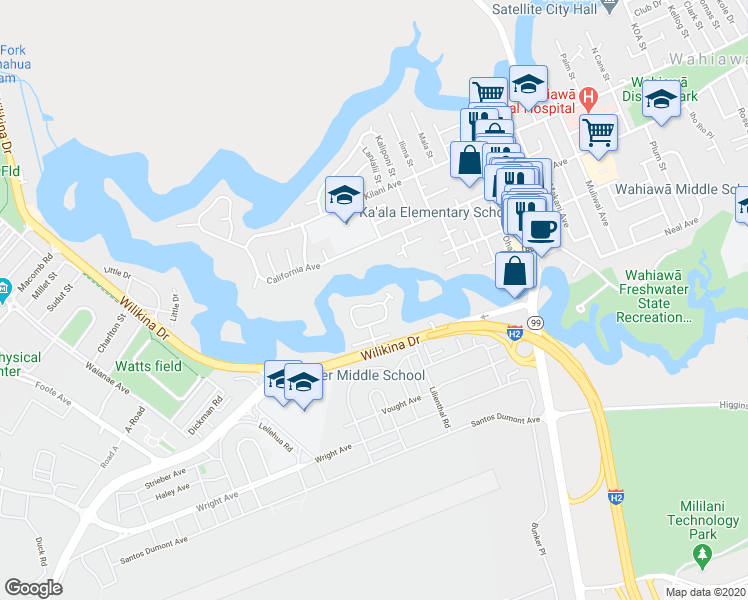 map of restaurants, bars, coffee shops, grocery stores, and more near 104c Lakeview Circle in Wahiawa